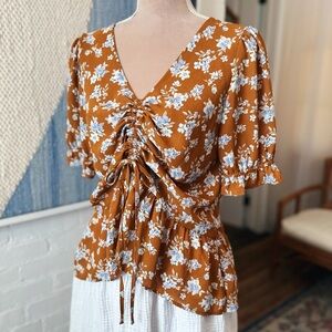Pleoine Brown and Blue Floral Cinched Blouse